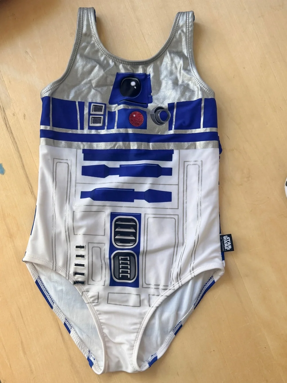 Disney R2D2  Girls Blue & White Striped One-Piece Swimsuit - STARWARS - 9/10